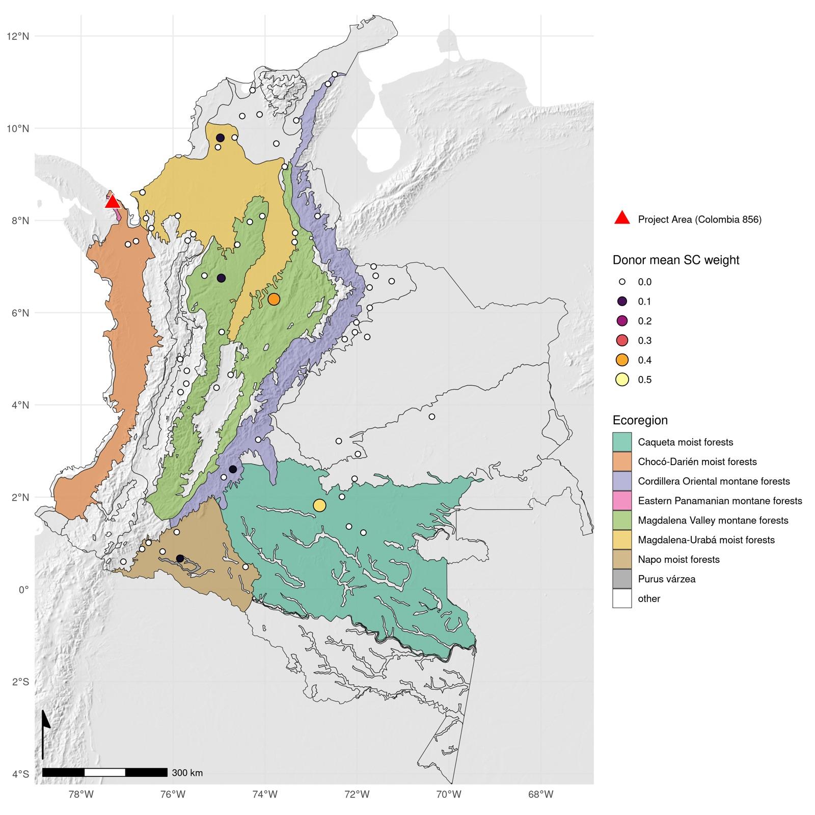 Map of a Colombian forest carbon project showing the locations of its 856 candidate donor comparison areas, with the highest-weighted donors lying roughly 900km away in the Amazon, in a different ecoregion.