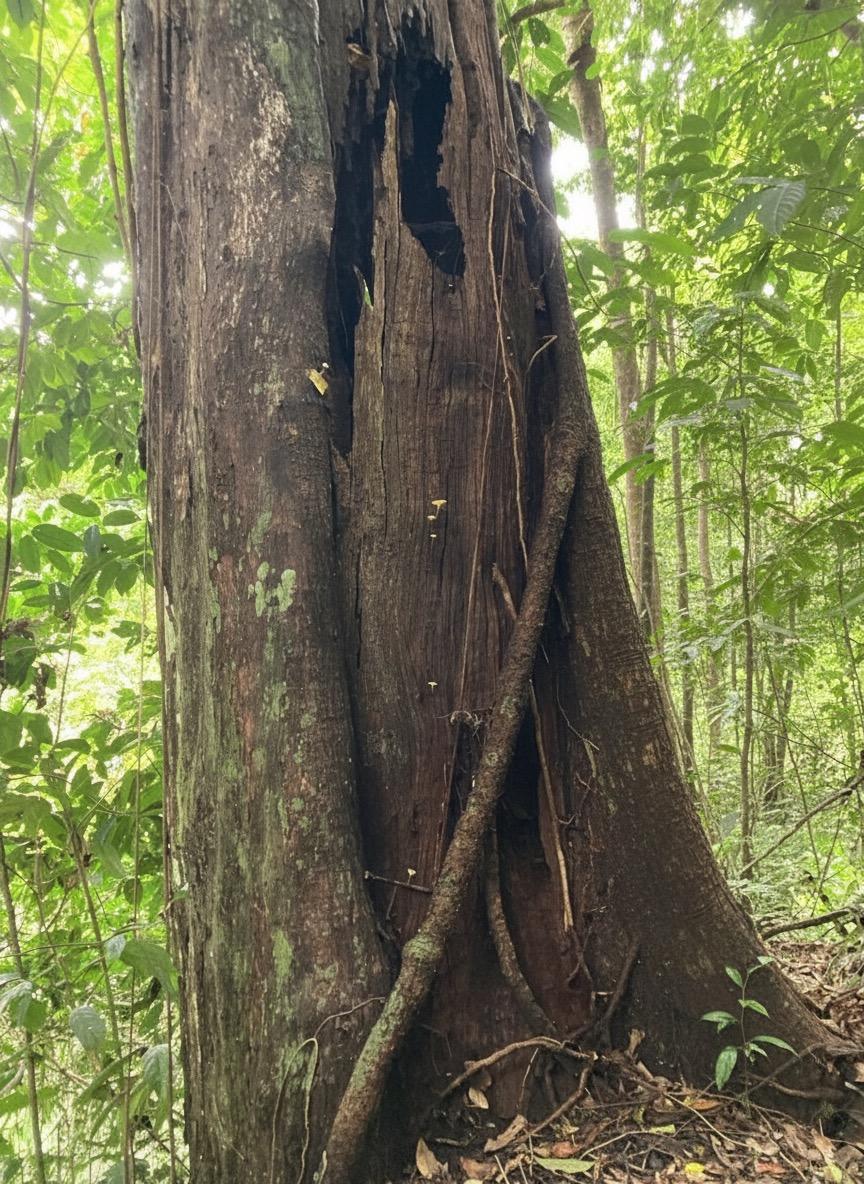 A belian trunk in logged forest in Sabah with a large hollow split up one side, the exposed heartwood weathered dark and carrying small bracket fungi